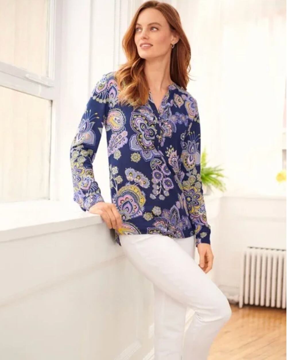 Talbots Womens M Petite Blue Paisley Band Collar Pullover Long Sleeve Blouse